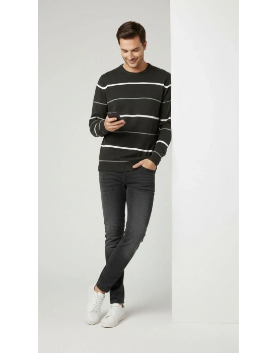 Bisiklet Yaka Cizgili Triko Kazak yumuşak dokulu Pamuklu ince Dokuma, uzun kollu Rahat Regular kalıp - Füme