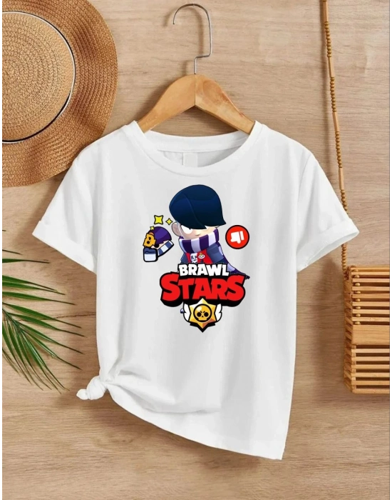 Bisiklet Yaka Kısa Kol Baskılı Çocuk T-Shirt - Beyaz