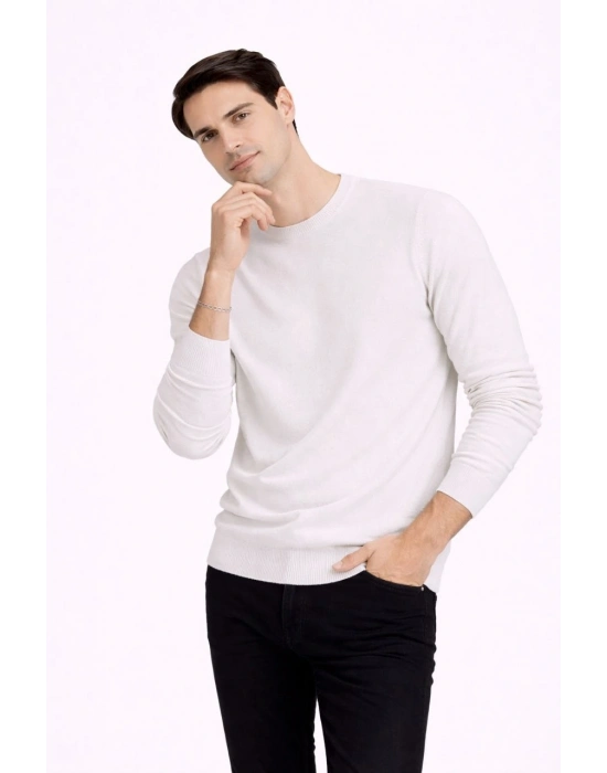 Bisiklet Yaka Triko Kazak yumuşak dokulu Pamuklu ince Dokuma, uzun kollu Rahat Regular kalıp - Bej