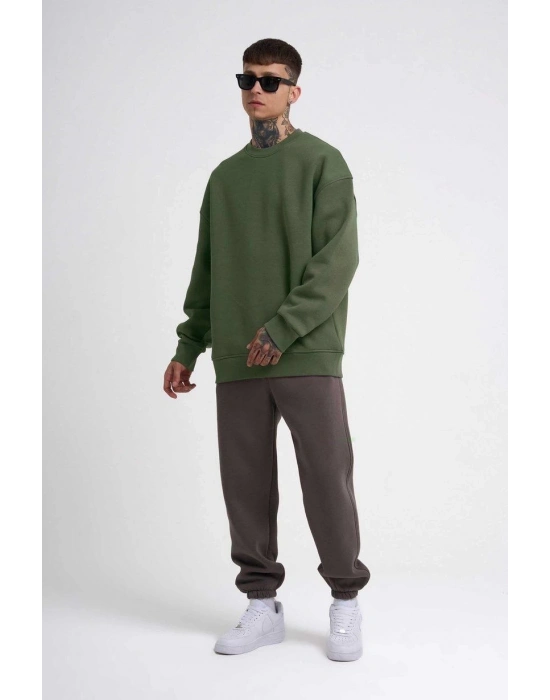 Biskilet Yaka Üç İplik SweatShirt - Haki