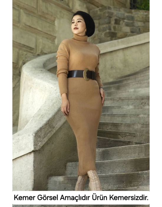 Boğazlı Uzun Fitilli Triko Dokuma Elbise - Kahverengi