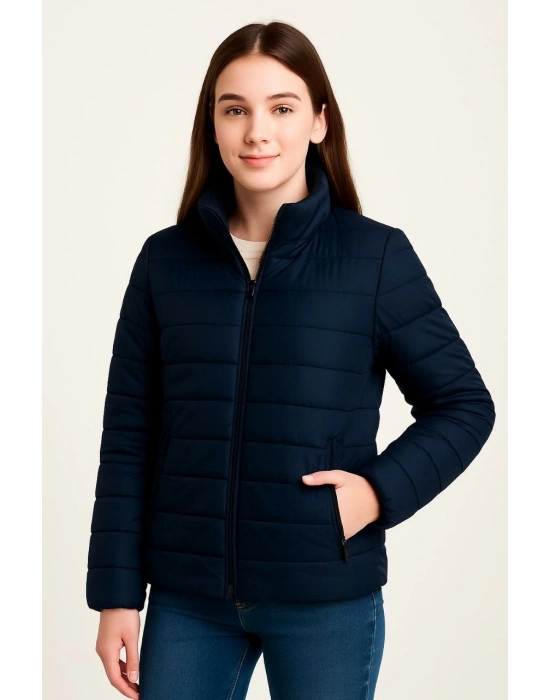 Şişme Mont Hafif ve Sıcak Tutucu Kışlık Fermuarlı Su İtici Rahat Günlük Mont Kapüşonuz Modern Tasarım - Lacivert