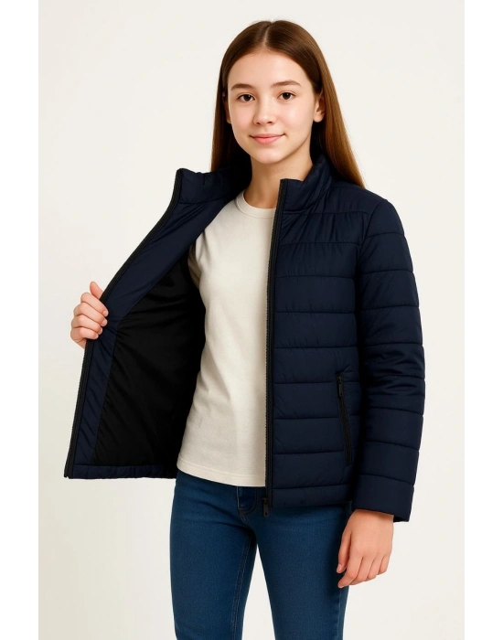 Şişme Mont Hafif ve Sıcak Tutucu Kışlık Fermuarlı Su İtici Rahat Günlük Mont Kapüşonuz Modern Tasarım - Lacivert