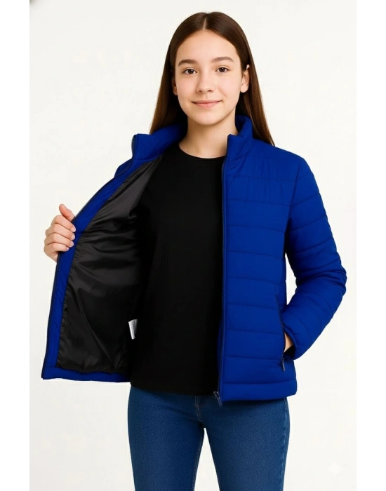 Şişme Mont Hafif ve Sıcak Tutucu Kışlık Fermuarlı Su İtici Rahat Günlük Mont Kapüşonuz Modern Tasarım - Saks Mavisi