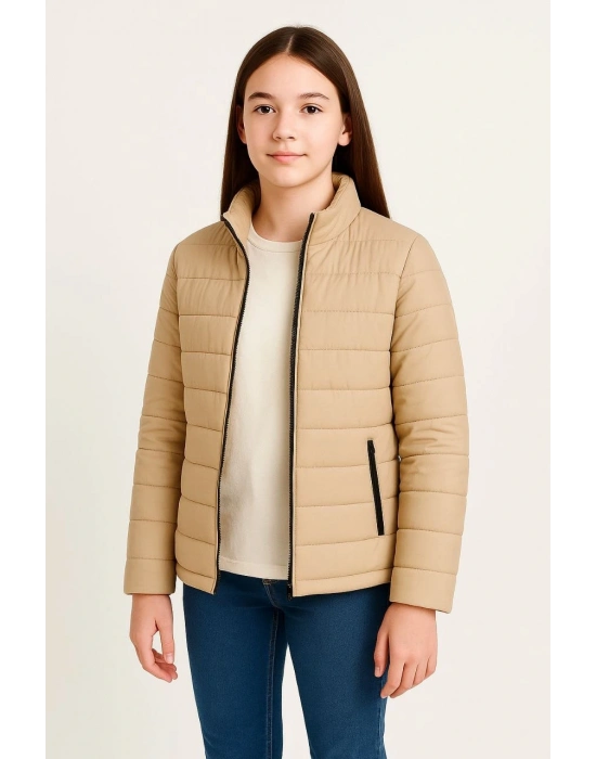 Şişme Mont Hafif ve Sıcak Tutucu Kışlık Fermuarlı Su İtici Rahat Günlük Mont Kapüşonuz Modern Tasarım - Bej