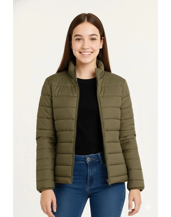 Şişme Mont Hafif ve Sıcak Tutucu Kışlık Fermuarlı Su İtici Rahat Günlük Mont Kapüşonuz Modern Tasarım - Haki