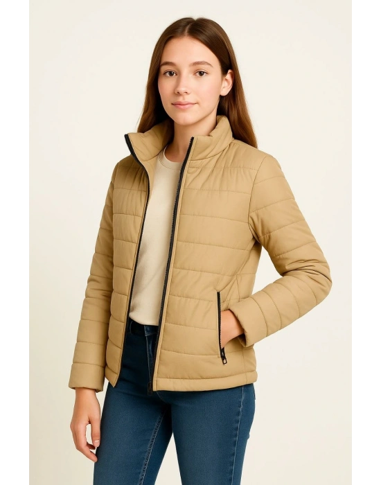 Şişme Mont Hafif ve Sıcak Tutucu Kışlık Fermuarlı Su İtici Rahat Günlük Mont Kapüşonuz Modern Tasarım - Bej