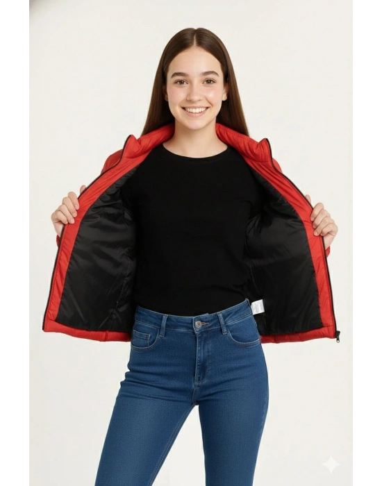 Şişme Mont Hafif ve Sıcak Tutucu Kışlık Fermuarlı Su İtici Rahat Günlük Mont Kapüşonuz Modern Tasarım - Kırmızı