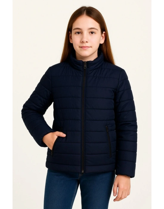 Şişme Mont Hafif ve Sıcak Tutucu Kışlık Fermuarlı Su İtici Rahat Günlük Mont Kapüşonuz Modern Tasarım - Lacivert