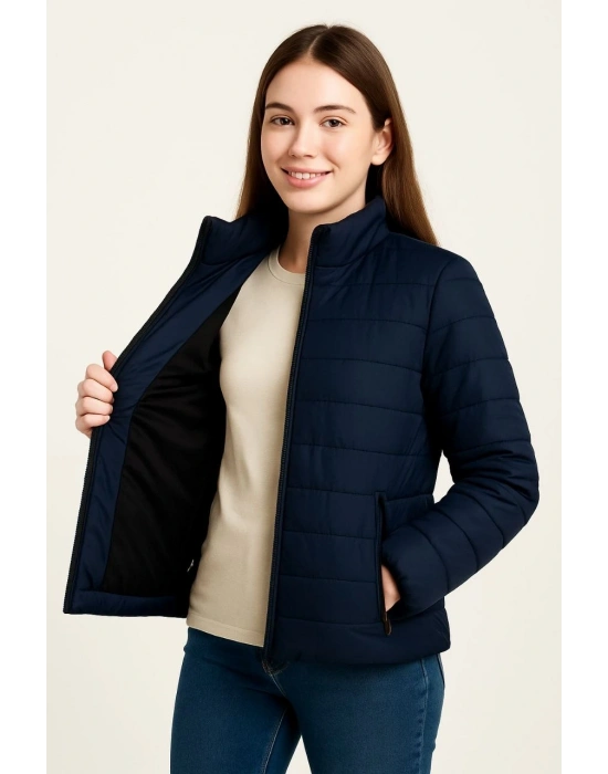 Şişme Mont Hafif ve Sıcak Tutucu Kışlık Fermuarlı Su İtici Rahat Günlük Mont Kapüşonuz Modern Tasarım - Lacivert