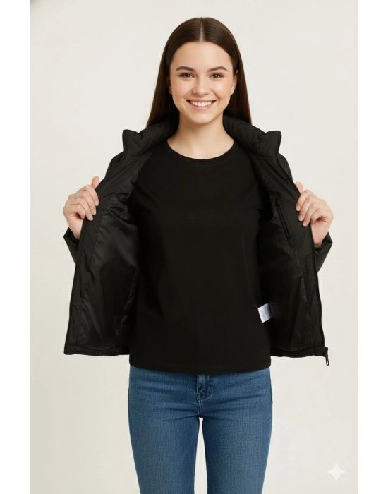 Şişme Mont Hafif ve Sıcak Tutucu Kışlık Fermuarlı Su İtici Rahat Günlük Mont Kapüşonuz Modern Tasarım - Siyah