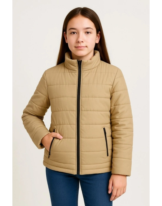 Şişme Mont Hafif ve Sıcak Tutucu Kışlık Fermuarlı Su İtici Rahat Günlük Mont Kapüşonuz Modern Tasarım - Bej