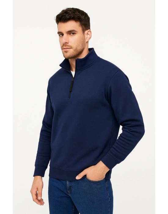Dik Yaka Sweatshirt Dik Yaka Yarım Fermuarlı 3 İplik Şardonlu Pamuk Kumaş - Lacivert