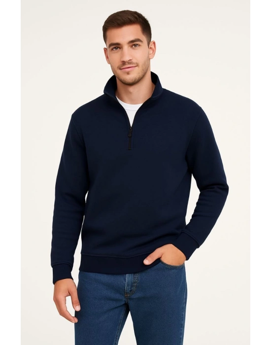Dik Yaka Sweatshirt Dik Yaka Yarım Fermuarlı 3 İplik Şardonlu Pamuk Kumaş - Lacivert