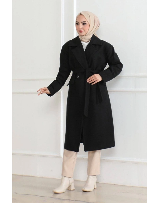 Düğmeli İçi Astarlı Kaşmir Kaşe Kaban - Siyah