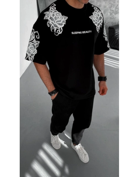 Flok Kabartma Baskılı T-Shirt - Siyah