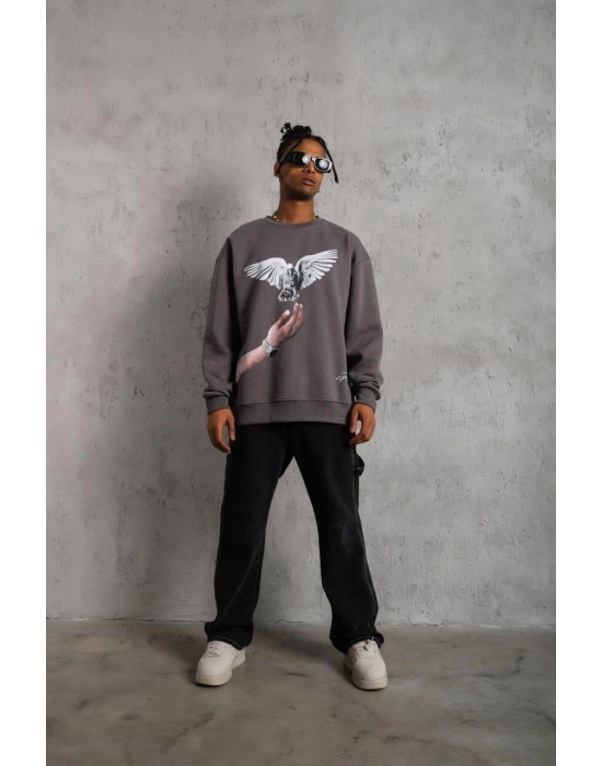 Güvercin Baskılı Sweatshirt - Gri