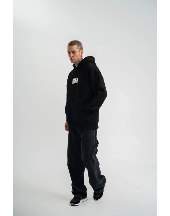 Kapşonlu Uzun Kol Patchli Nakışlı SweatShirt - Siyah