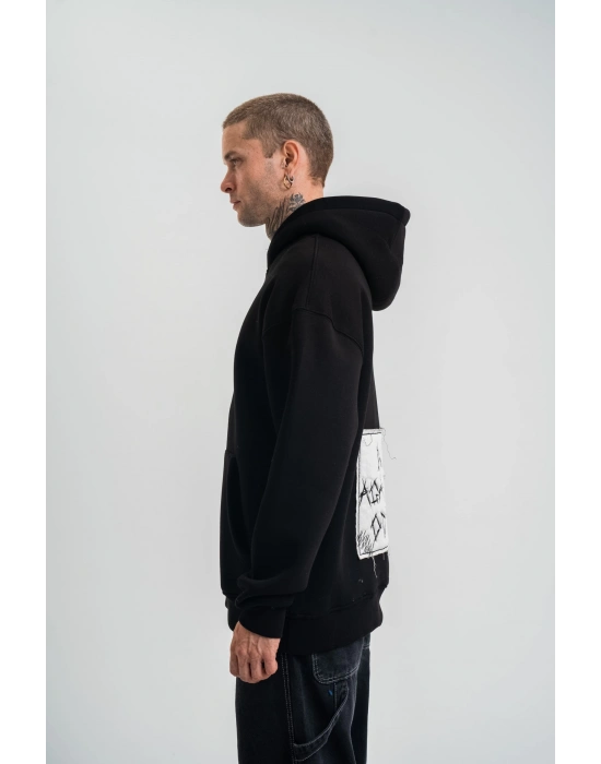 Kapşonlu Uzun Kol Patchli Nakışlı SweatShirt - Siyah