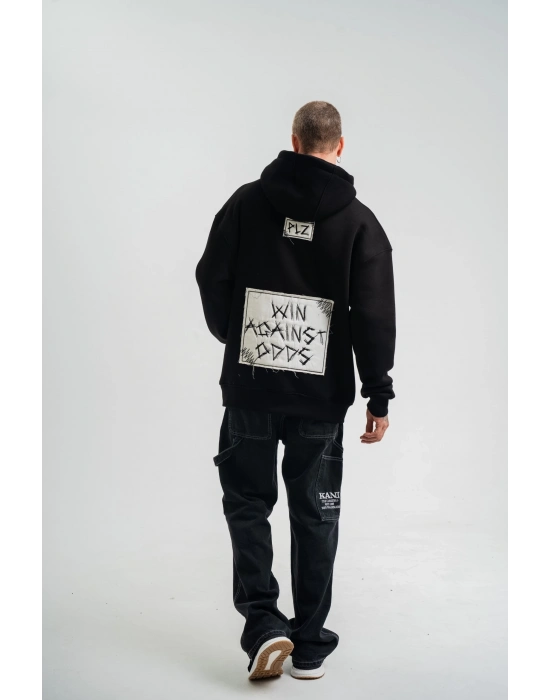 Kapşonlu Uzun Kol Patchli Nakışlı SweatShirt - Siyah