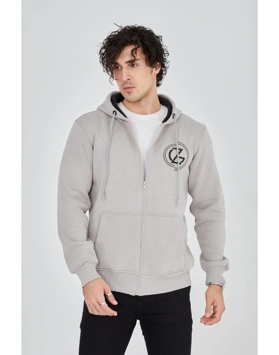 Kapüşonlu Baskılı Fermuarlı Hırka - Boyalı Gri