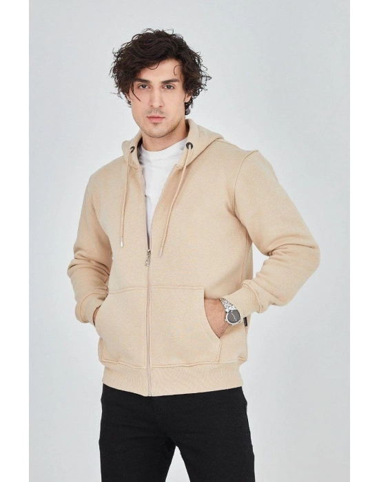 Kapüşonlu Düz Fermuarlı Hırka - Bej