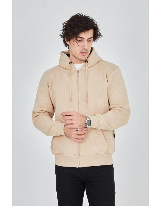 Kapüşonlu Düz Fermuarlı Hırka - Bej