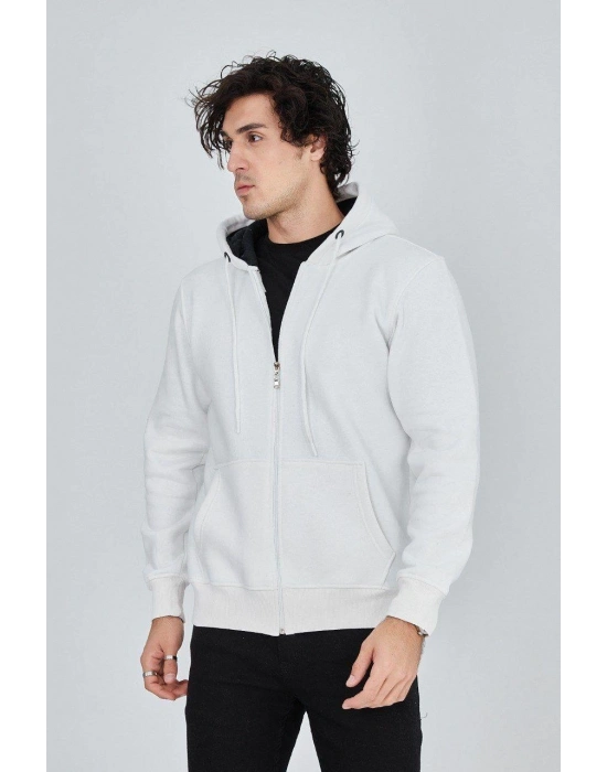 Kapüşonlu Düz Fermuarlı Hırka - Beyaz