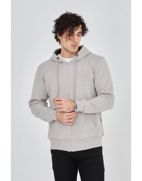 Kapüşonlu Düz Fermuarlı Hırka - Boyalı Gri