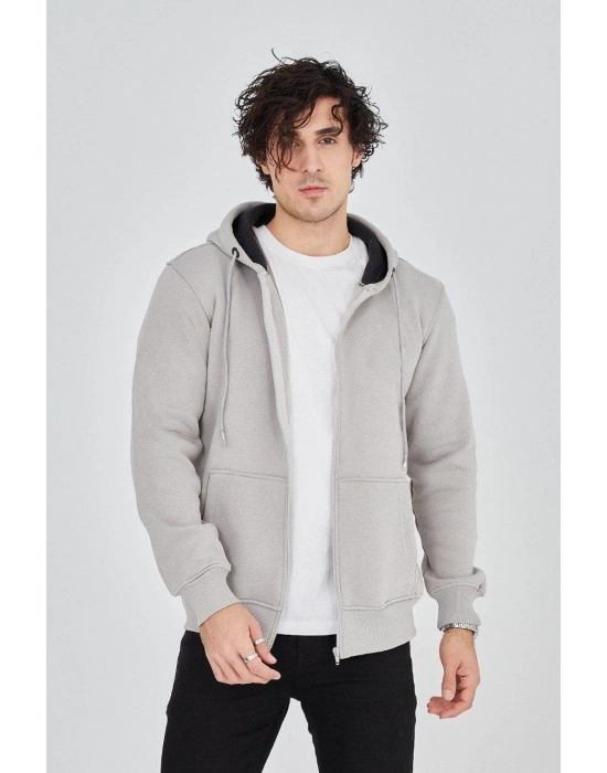 Kapüşonlu Düz Fermuarlı Hırka - Boyalı Gri