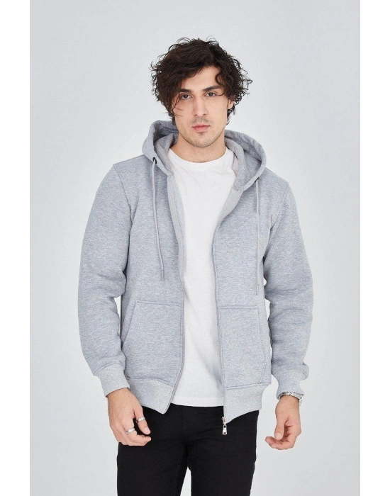 Kapüşonlu Düz Fermuarlı Hırka - Gri