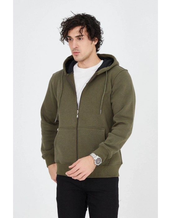 Kapüşonlu Düz Fermuarlı Hırka - Yeşil