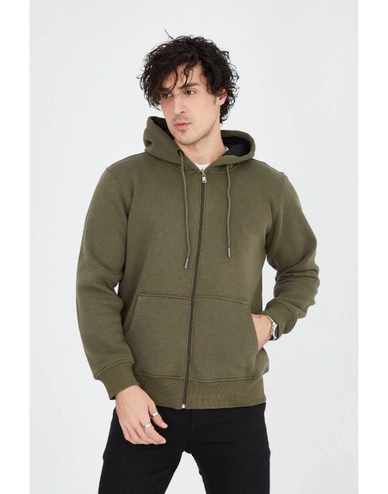 Kapüşonlu Düz Fermuarlı Hırka - Yeşil