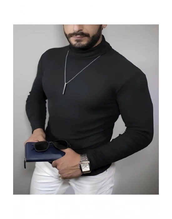 Kaşkorse Boğazlı Full Likralı Fitilli Body Kazak - Siyah