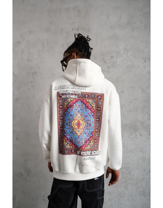 Kilim Desen Kapüşonlu Sweat- Beyaz