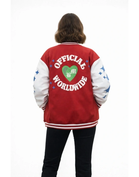 Kırmızı Varsity Çıtçıtlı Baskılı Oversize kalıp Kolej Ceket - Kırmızı