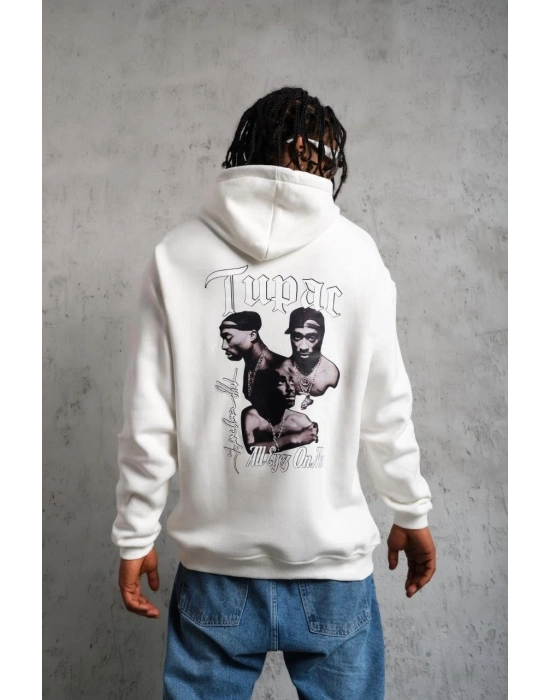 Kol ve Etek Ribana Baskılı Kapüşonlu Sweat - Beyaz