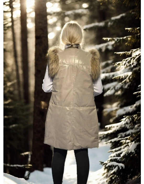 Kolsuz Hakiki Deri Kürk - Krem