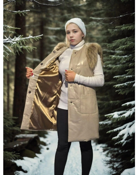 Kolsuz Hakiki Deri Kürk - Krem