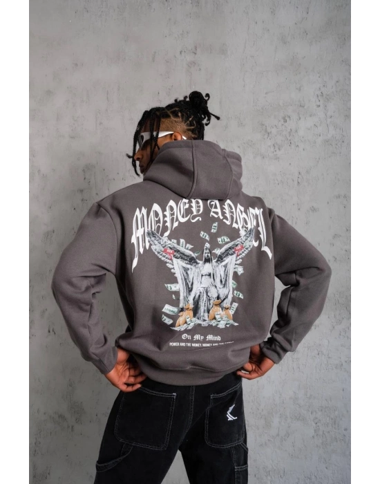 Kordon İpli Baskılı Kapüşonlu Sweatshirt - Füme