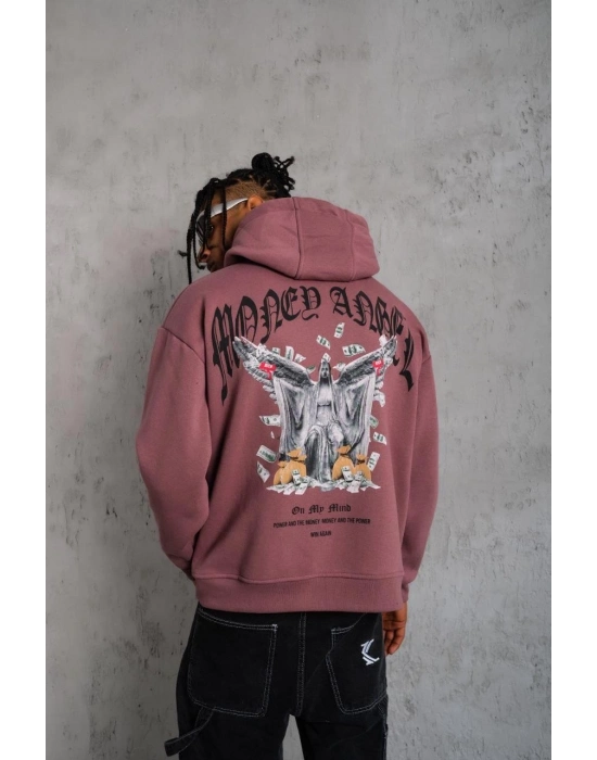 Kordon İpli Baskılı Kapüşonlu Sweatshirt - Gül Kurusu