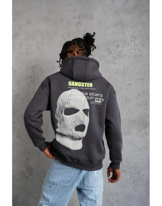 Kordonlu Maske Baskılı Kapşonlu Sweat - Gri