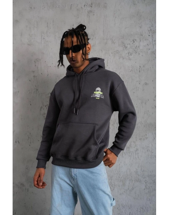 Kordonlu Maske Baskılı Kapşonlu Sweat - Gri