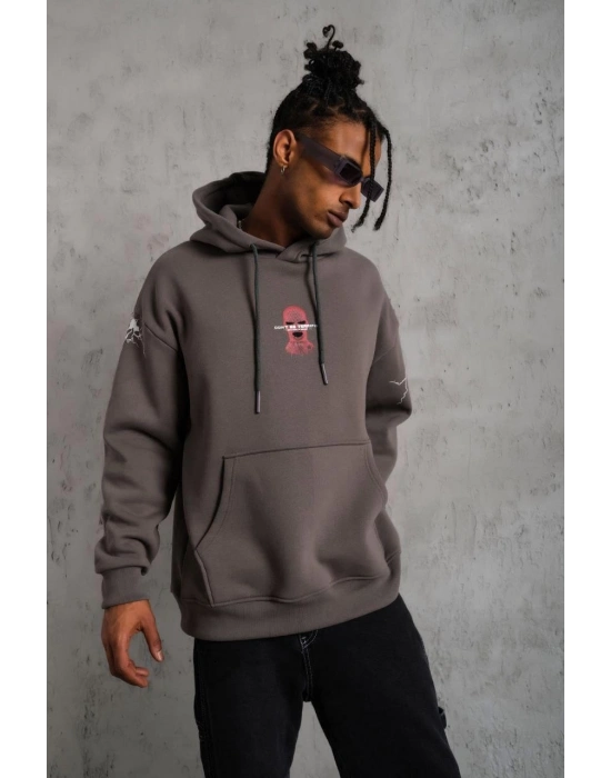 Maske Baskılı Kapüşonlu Sweat - Gri