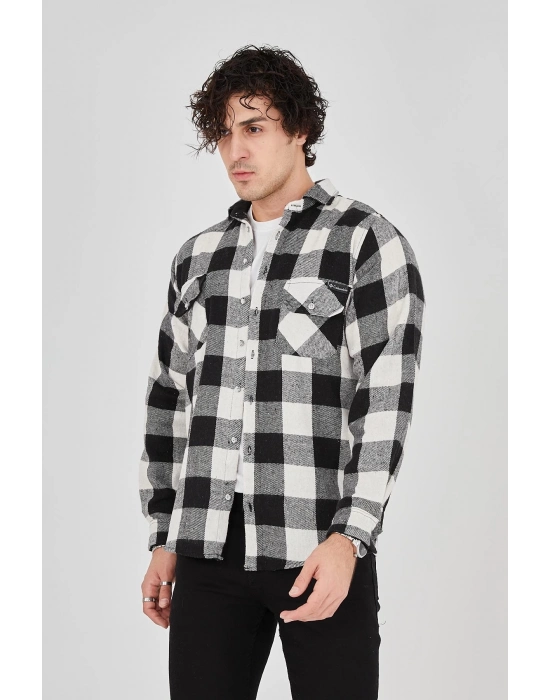 Oduncu Gömlek – Uzun Kollu, Şardonlu Kumaş, Kareli Desen, Regular Fit, Manşetli, Çift Cepli, Rahat Günlük Bahar  Kış Stil - Siyah