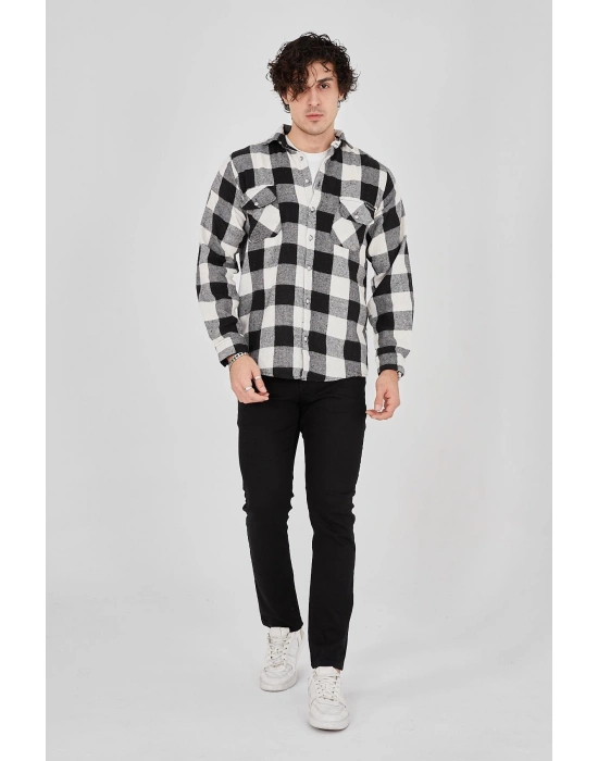 Oduncu Gömlek – Uzun Kollu, Şardonlu Kumaş, Kareli Desen, Regular Fit, Manşetli, Çift Cepli, Rahat Günlük Bahar  Kış Stil - Siyah