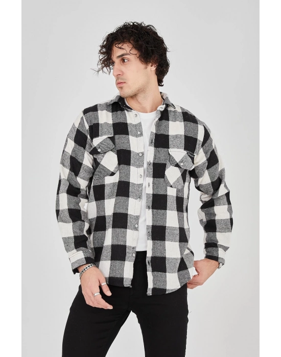 Oduncu Gömlek – Uzun Kollu, Şardonlu Kumaş, Kareli Desen, Regular Fit, Manşetli, Çift Cepli, Rahat Günlük Bahar  Kış Stil - Siyah