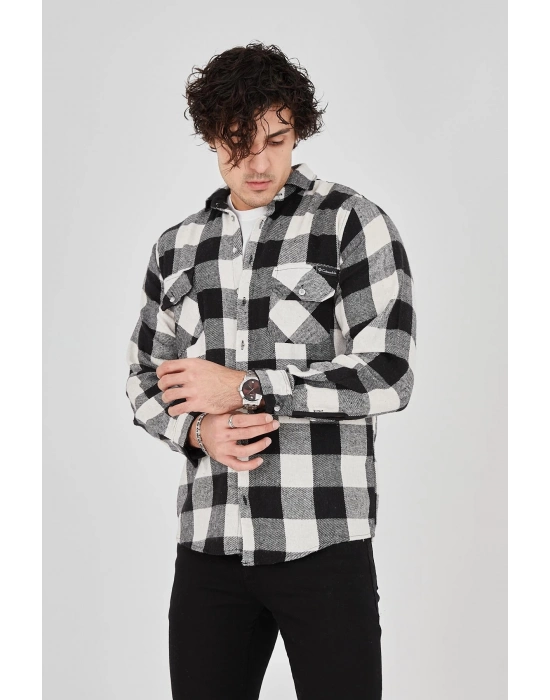 Oduncu Gömlek – Uzun Kollu, Şardonlu Kumaş, Kareli Desen, Regular Fit, Manşetli, Çift Cepli, Rahat Günlük Bahar  Kış Stil - Siyah