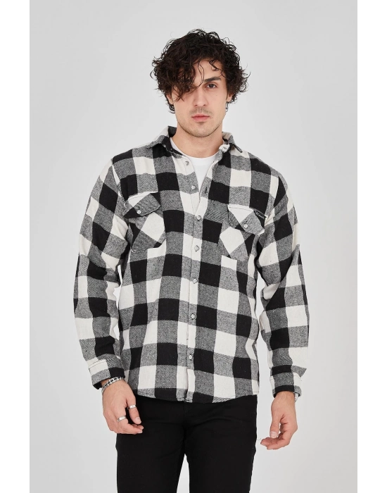 Oduncu Gömlek – Uzun Kollu, Şardonlu Kumaş, Kareli Desen, Regular Fit, Manşetli, Çift Cepli, Rahat Günlük Bahar  Kış Stil - Siyah