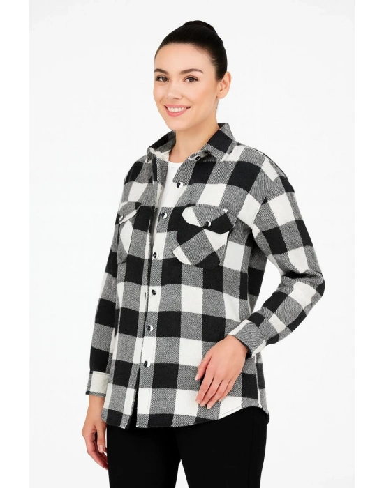 Oduncu Gömlek – Uzun Kollu, Şardonlu Kumaş, Kırmızı Beyaz Kareli Desen, Regular Fit, Çift Cepli, Manşetli Günlük Şık Stil - Siyah